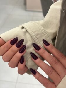 deep aubergine nails, near-black purple almond manicure for fall 2026