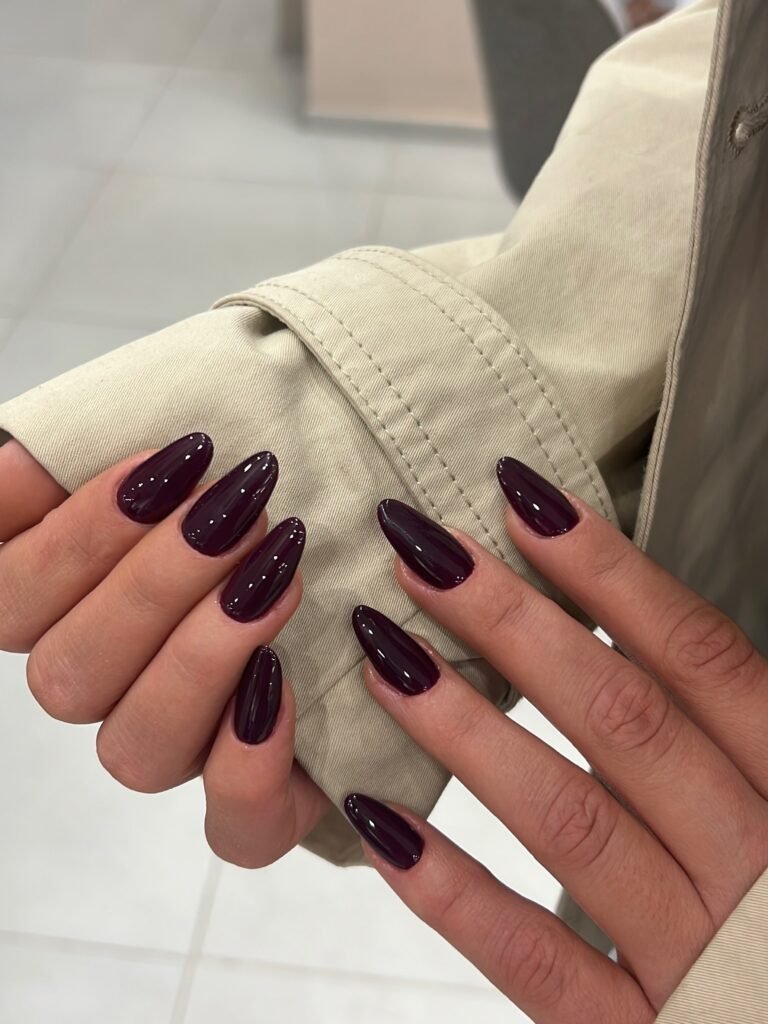 deep aubergine nails, near-black purple almond manicure for fall 2026