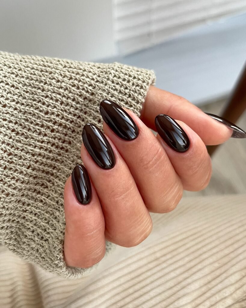 espresso brown nails on long almond shape, glossy dark brown fall 2026 manicure