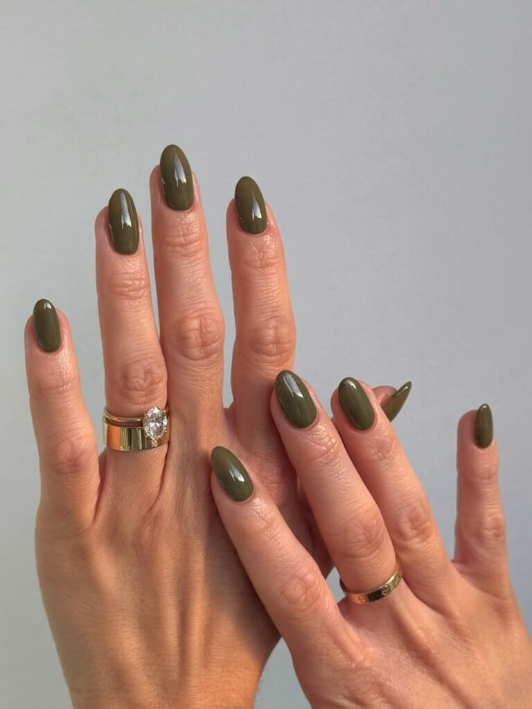 olive green nails on almond shape, glossy November 2026 manicure