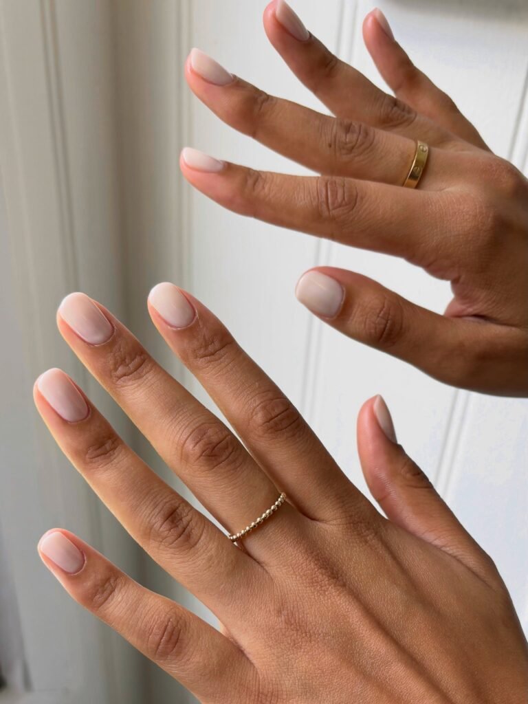 sheer milky nude nails on short round shape, natural November 2026 manicure