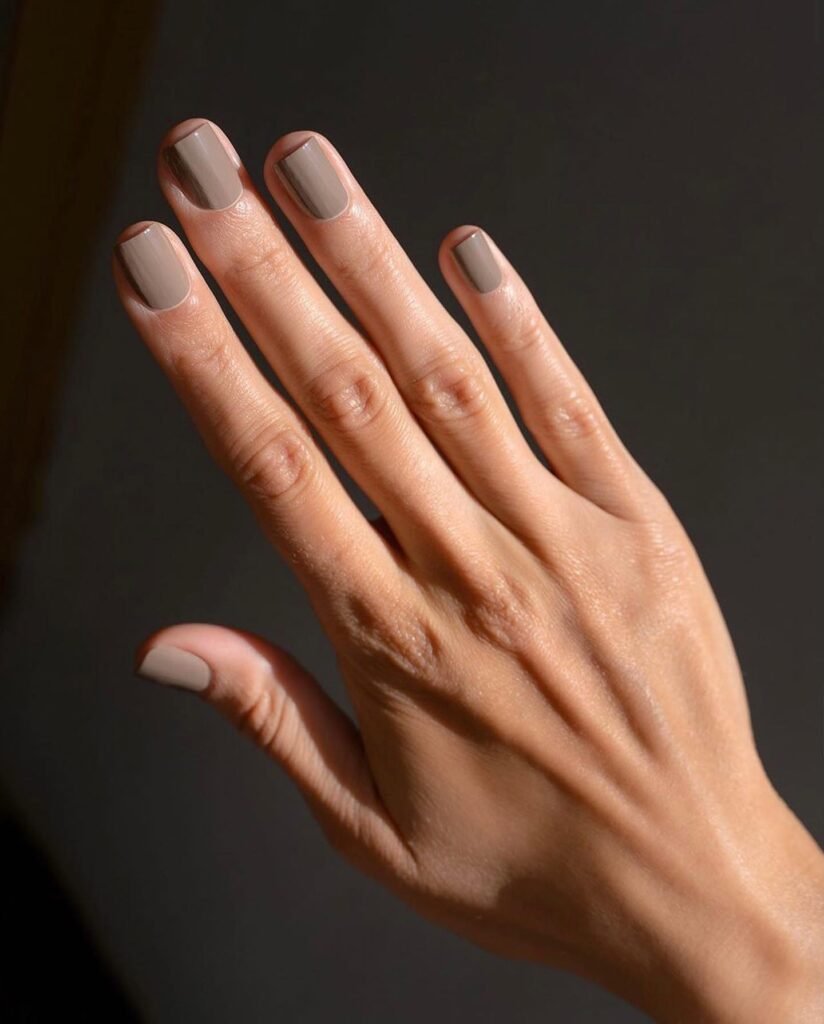 mushroom taupe nails on short square shape, glossy neutral November manicure